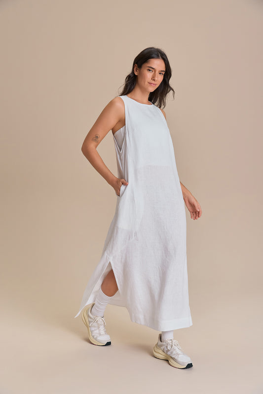 Pure Linen White Midi Dress