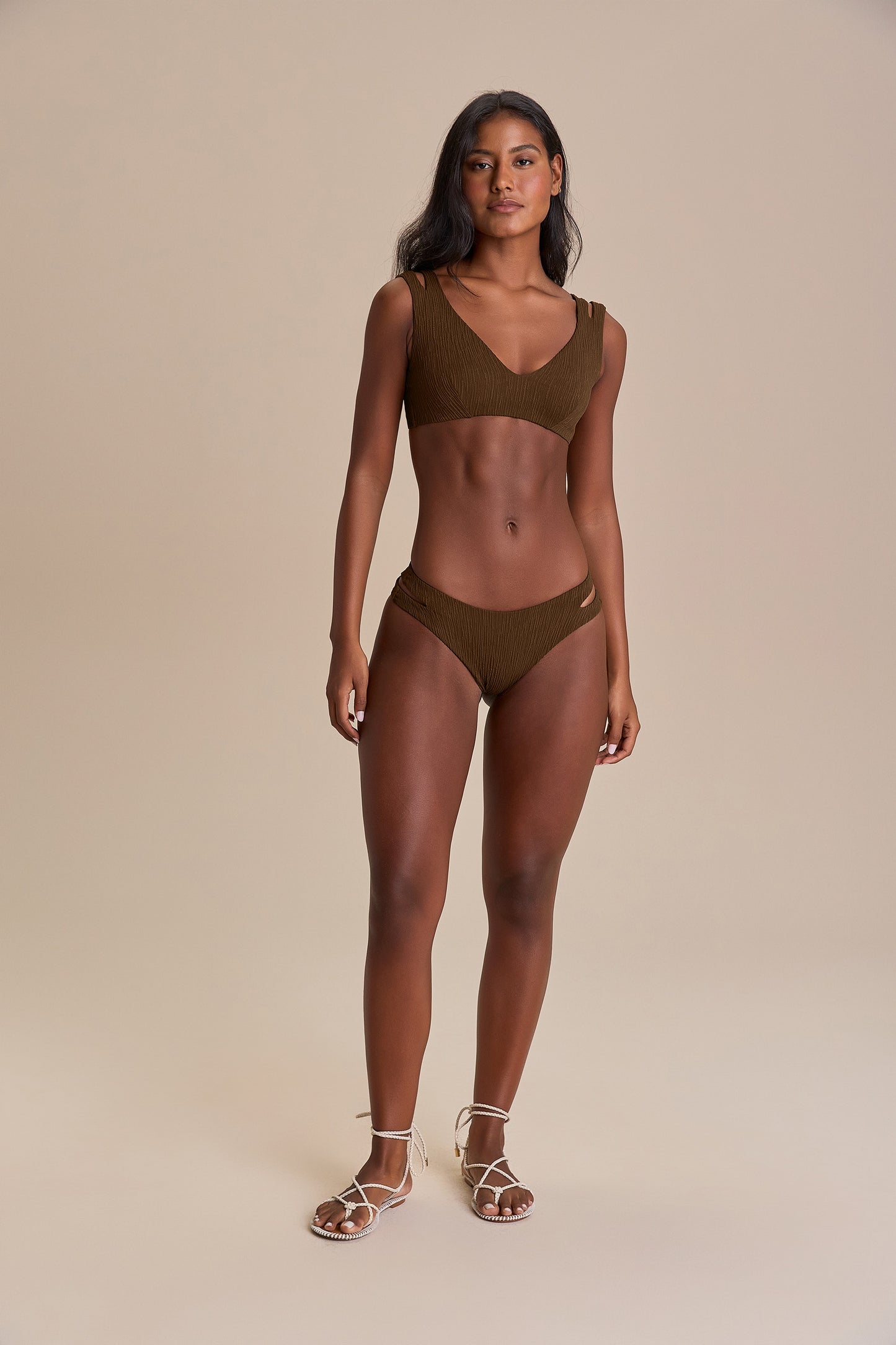 V Cut Out Jacquard Curl Bikini Top